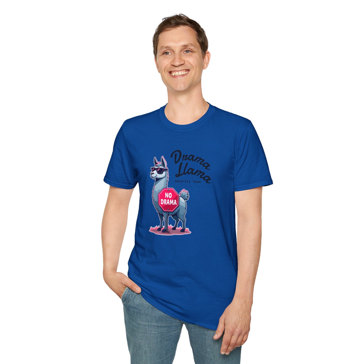 Funny Drama Llama Security Team T-Shirt – Sarcastic Llama with Sunglasses & “No Drama” Stop Sign, Ironic Humor Gift for Chill People