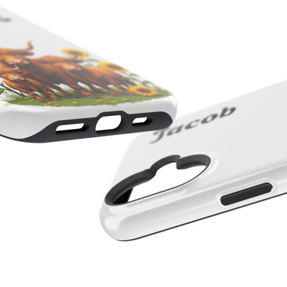 Personalized White Highland Cow Phone Case - Custom Name Farm Animal Gift | Cute Sunflower Cases for Women & Girls