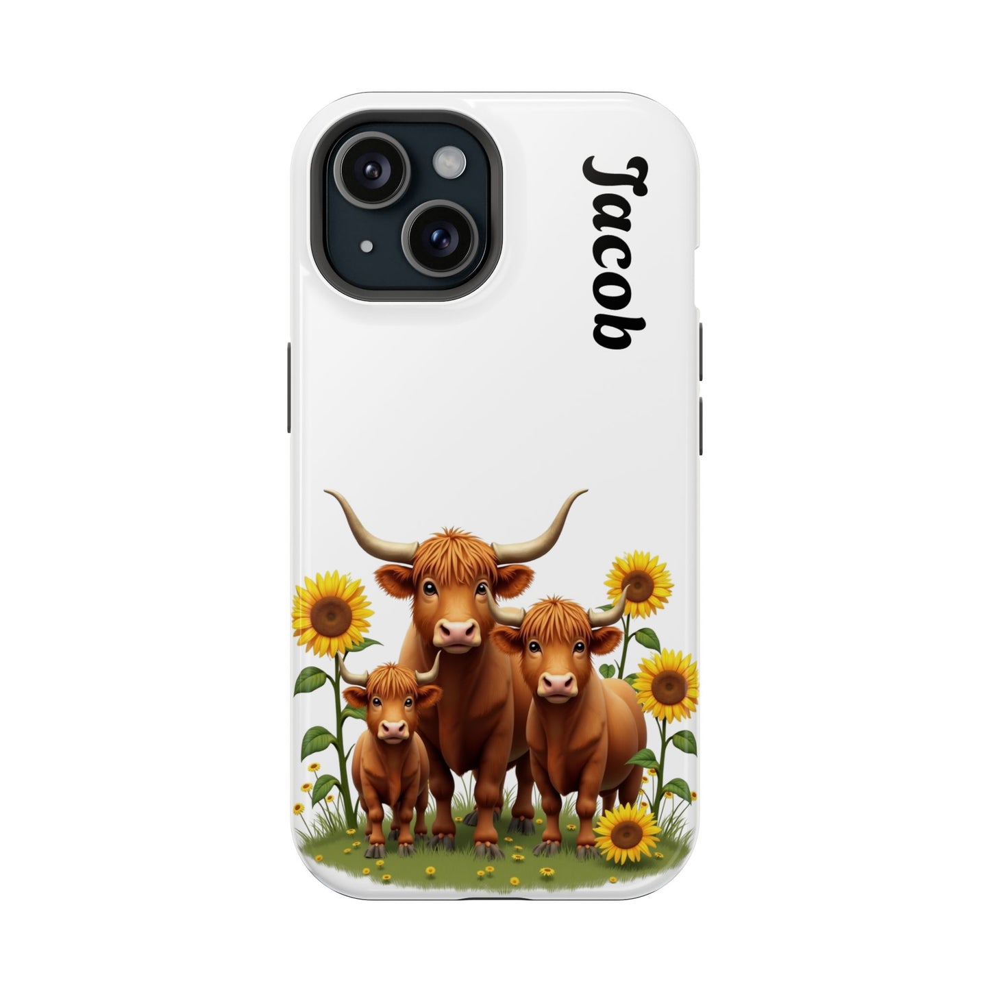 Personalized White Highland Cow Phone Case - Custom Name Farm Animal Gift | Cute Sunflower Cases for Women & Girls