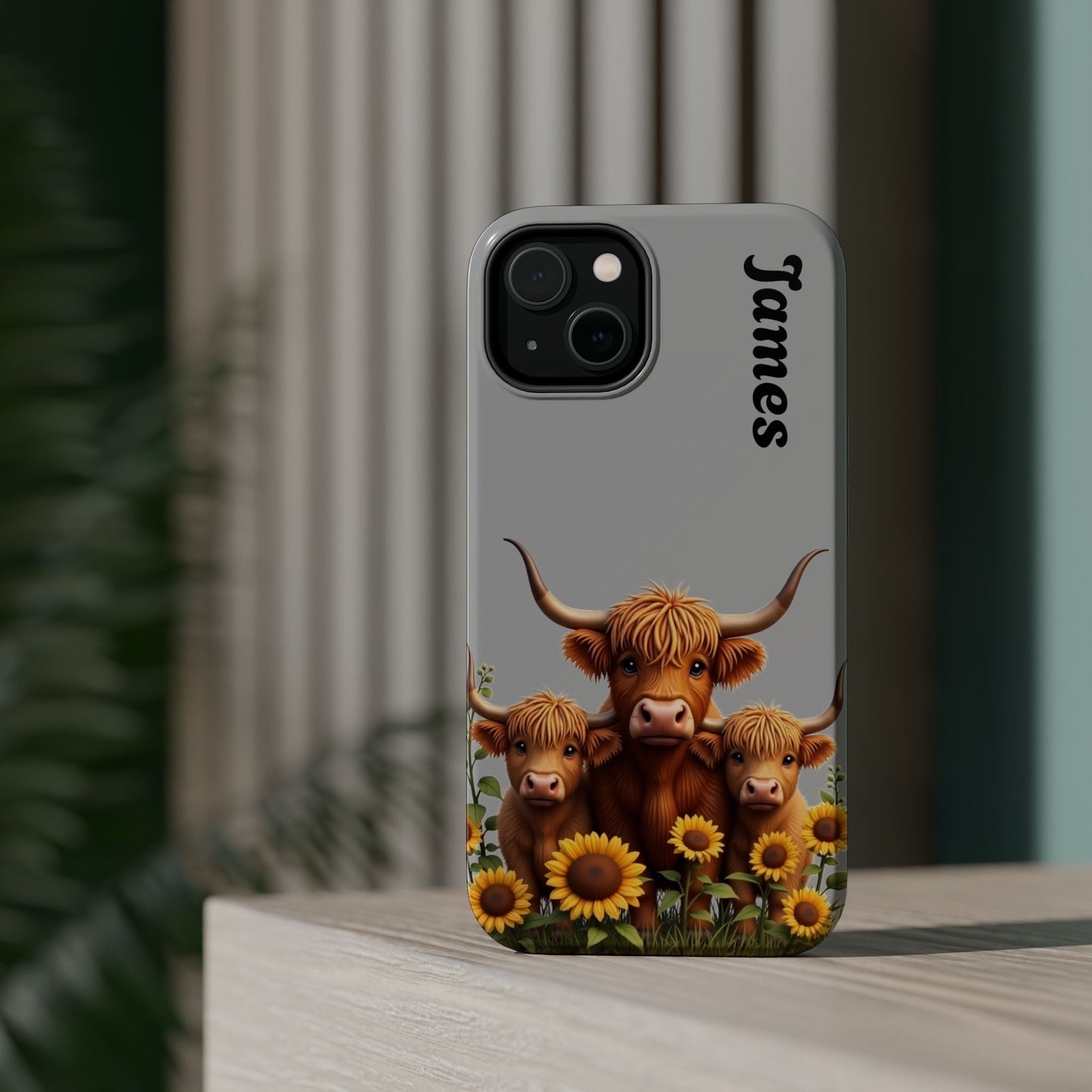 Personalized Gray Highland Cow Phone Case - Custom Name Farm Animal Gift | Cute Gray iPhone Cases for Women & Girls