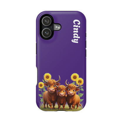 Personalized Purple Highland Cow Phone Case - Custom Name Farm Animal Gift | Cute Purple iPhone Cases for Women & Girls