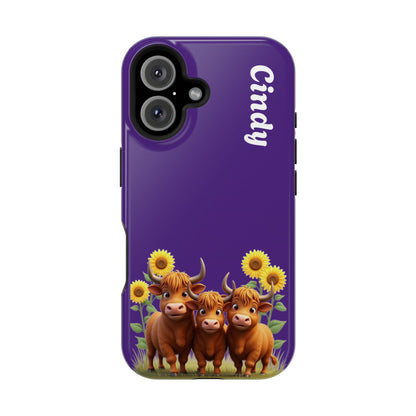 Personalized Purple Highland Cow Phone Case - Custom Name Farm Animal Gift | Cute Purple iPhone Cases for Women & Girls