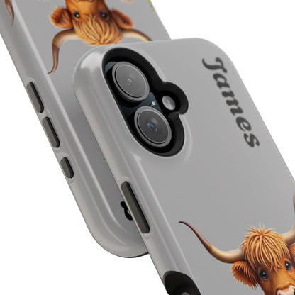Personalized Gray Highland Cow Phone Case - Custom Name Farm Animal Gift | Cute Gray iPhone Cases for Women & Girls