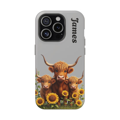 Personalized Gray Highland Cow Phone Case - Custom Name Farm Animal Gift | Cute Gray iPhone Cases for Women & Girls