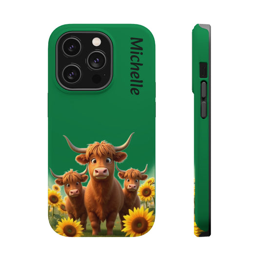 Personalized Highland Cow Phone Case - Custom Name Farm Animal Gift | Cute Green iPhone Cases for Women & Girls