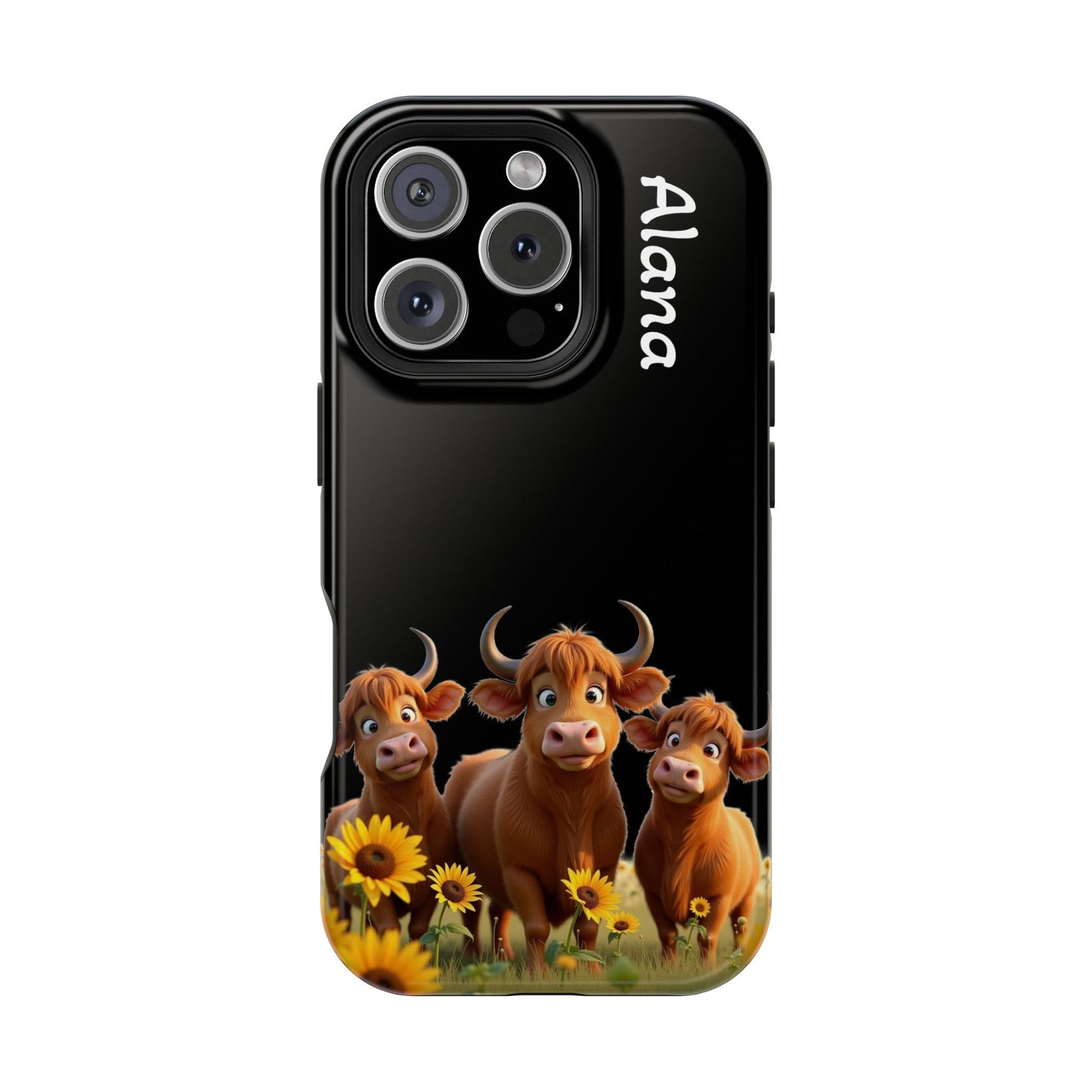 Personalized Highland Cow Phone Case - Custom Name Farm Animal Gift | Cute Black iPhone Cases for Women & Girls