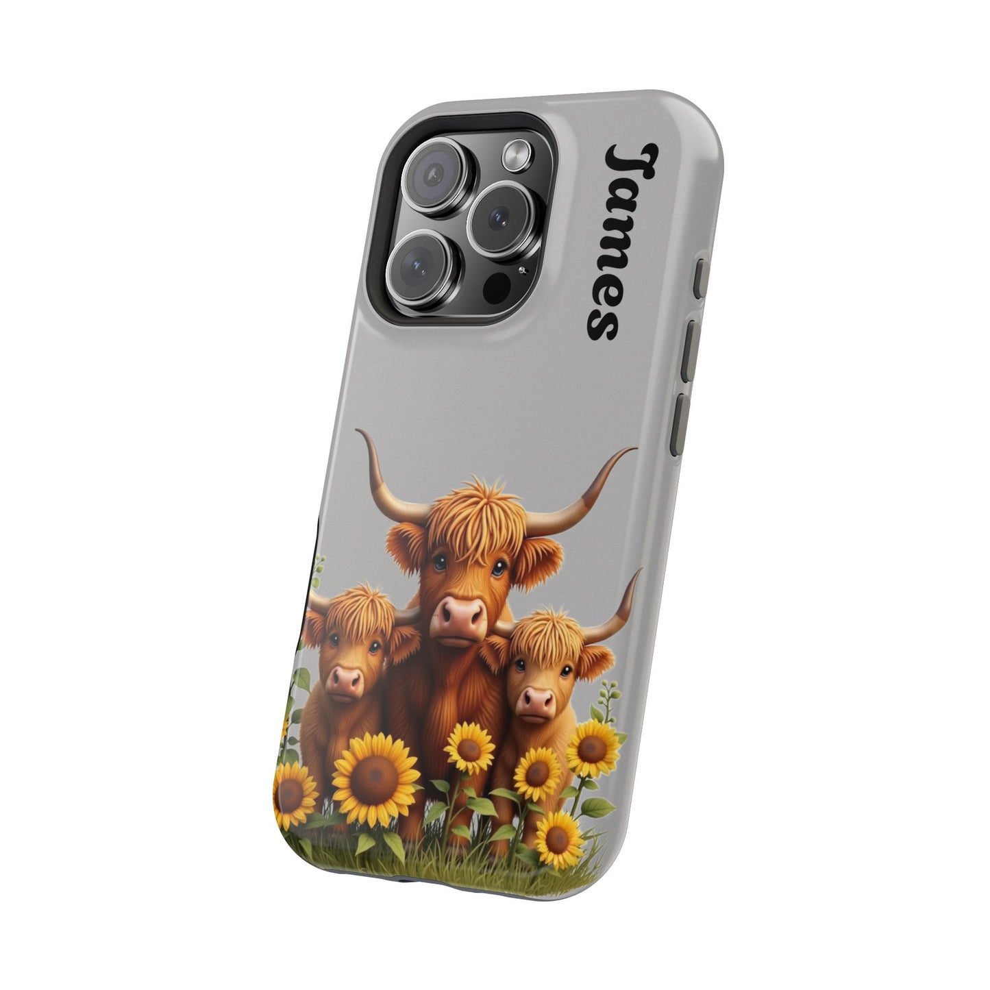 Personalized Gray Highland Cow Phone Case - Custom Name Farm Animal Gift | Cute Gray iPhone Cases for Women & Girls