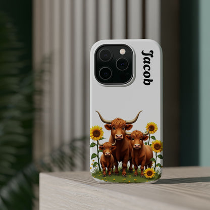 Personalized White Highland Cow Phone Case - Custom Name Farm Animal Gift | Cute Sunflower Cases for Women & Girls