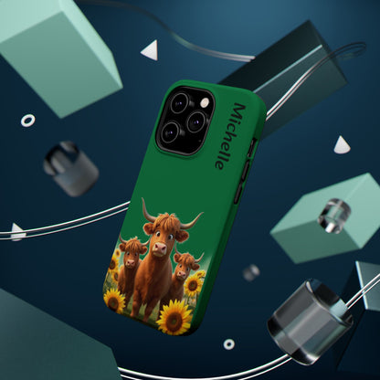 Personalized Highland Cow Phone Case - Custom Name Farm Animal Gift | Cute Green iPhone Cases for Women & Girls