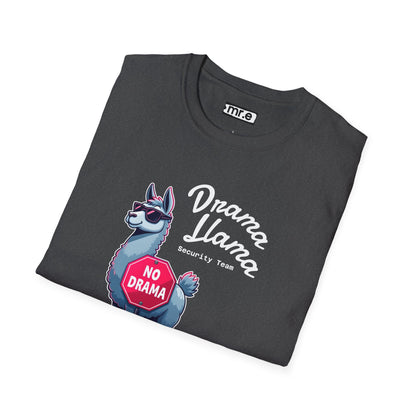 Funny Drama Llama Security Team T-Shirt – Sarcastic Llama with Sunglasses & “No Drama” Stop Sign, Ironic Humor Gift for Chill People