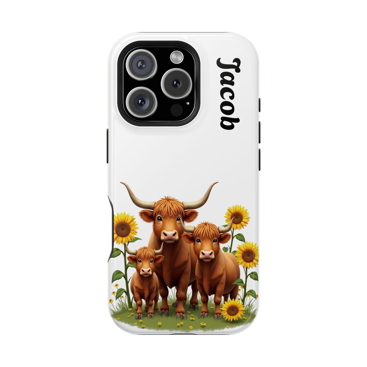 Personalized White Highland Cow Phone Case - Custom Name Farm Animal Gift | Cute Sunflower Cases for Women & Girls