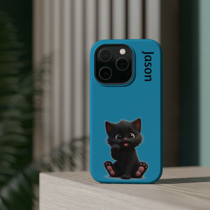 Personalized Black Kitten Phone Case - Custom Name Cat Lover Gift | Cute Teal Blue iPhone Cases for Women & Girls