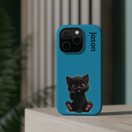 Personalized Black Kitten Phone Case - Custom Name Cat Lover Gift | Cute Teal Blue iPhone Cases for Women & Girls