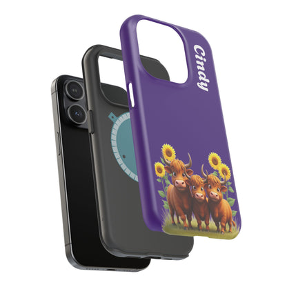 Personalized Purple Highland Cow Phone Case - Custom Name Farm Animal Gift | Cute Purple iPhone Cases for Women & Girls