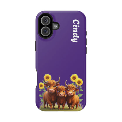 Personalized Purple Highland Cow Phone Case - Custom Name Farm Animal Gift | Cute Purple iPhone Cases for Women & Girls