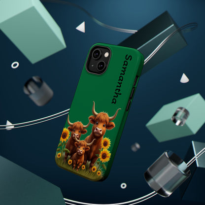 Personalized Highland Cow Phone Case - Custom Name Farm Animal Gift | Cute Green iPhone Cases for Women & Girls