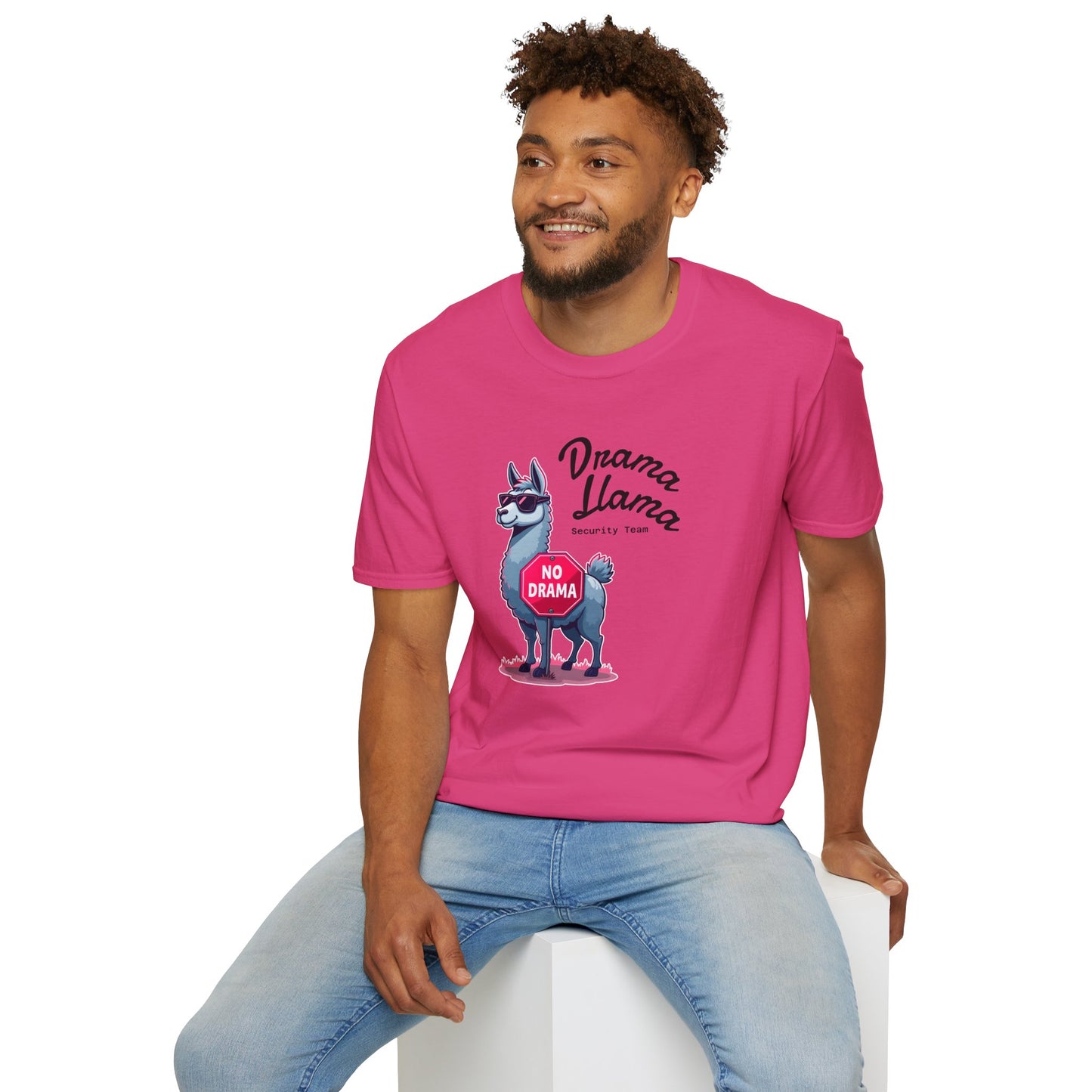 Funny Drama Llama Security Team T-Shirt – Sarcastic Llama with Sunglasses & “No Drama” Stop Sign, Ironic Humor Gift for Chill People