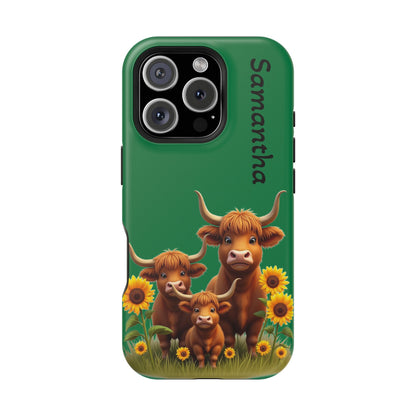 Personalized Highland Cow Phone Case - Custom Name Farm Animal Gift | Cute Green iPhone Cases for Women & Girls