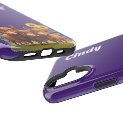 Personalized Purple Highland Cow Phone Case - Custom Name Farm Animal Gift | Cute Purple iPhone Cases for Women & Girls