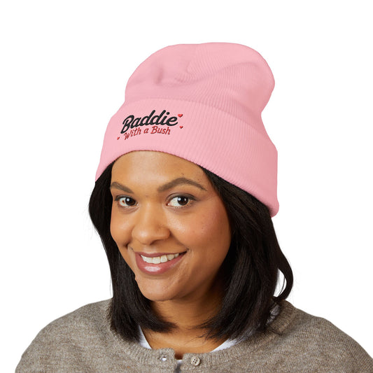 “Baddie With a Bush” Embroidered Pink Beanie – Soft, Hypoallergenic Knit Hat for Bold Style