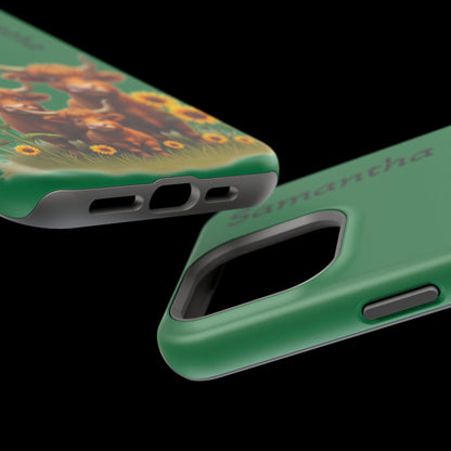 Personalized Highland Cow Phone Case - Custom Name Farm Animal Gift | Cute Green iPhone Cases for Women & Girls