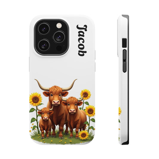 Personalized White Highland Cow Phone Case - Custom Name Farm Animal Gift | Cute Sunflower Cases for Women & Girls