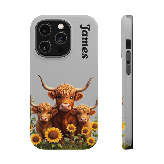 Personalized Gray Highland Cow Phone Case - Custom Name Farm Animal Gift | Cute Gray iPhone Cases for Women & Girls