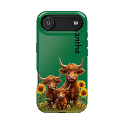 Personalized Highland Cow Phone Case - Custom Name Farm Animal Gift | Cute Green iPhone Cases for Women & Girls