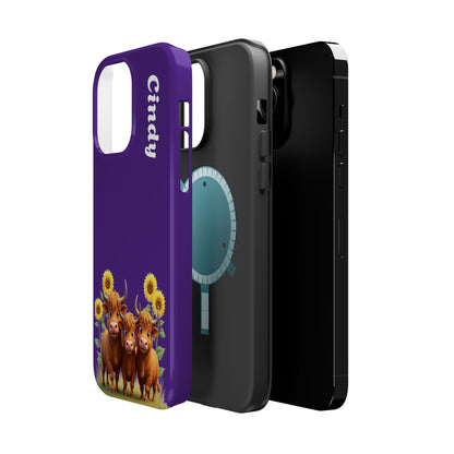 Personalized Purple Highland Cow Phone Case - Custom Name Farm Animal Gift | Cute Purple iPhone Cases for Women & Girls