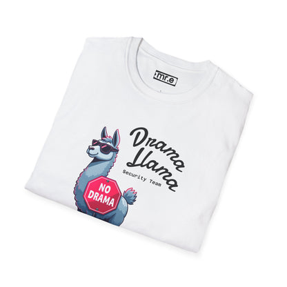 Funny Drama Llama Security Team T-Shirt – Sarcastic Llama with Sunglasses & “No Drama” Stop Sign, Ironic Humor Gift for Chill People