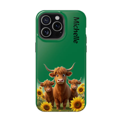 Personalized Highland Cow Phone Case - Custom Name Farm Animal Gift | Cute Green iPhone Cases for Women & Girls