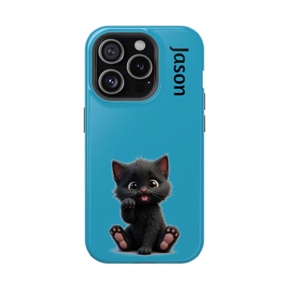 Personalized Black Kitten Phone Case - Custom Name Cat Lover Gift | Cute Teal Blue iPhone Cases for Women & Girls