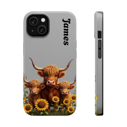 Personalized Gray Highland Cow Phone Case - Custom Name Farm Animal Gift | Cute Gray iPhone Cases for Women & Girls