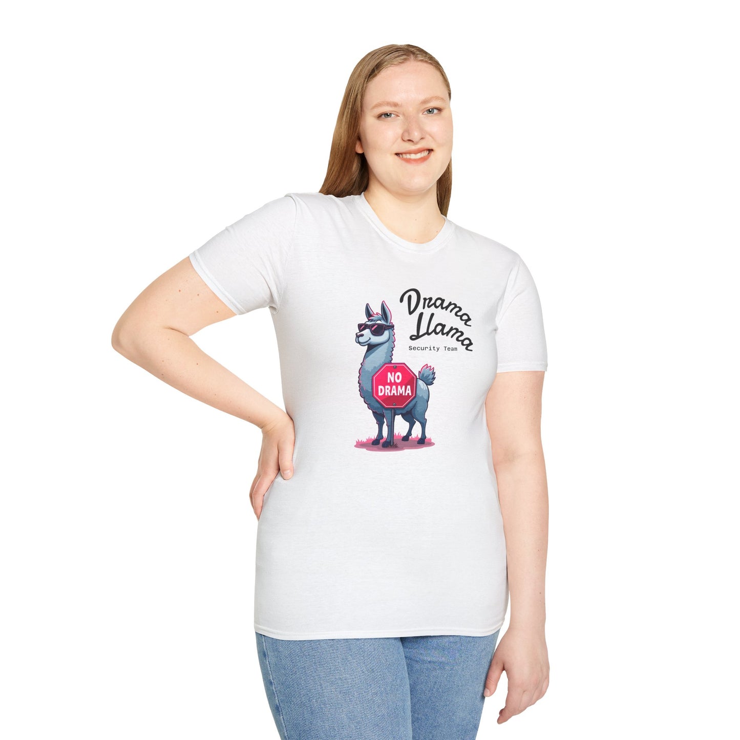 Funny Drama Llama Security Team T-Shirt – Sarcastic Llama with Sunglasses & “No Drama” Stop Sign, Ironic Humor Gift for Chill People
