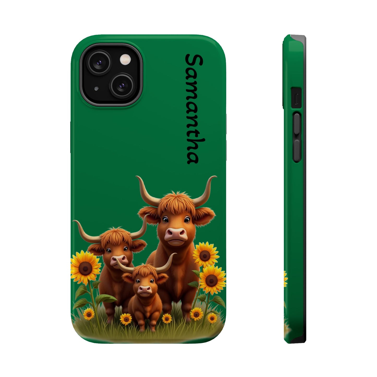 Personalized Highland Cow Phone Case - Custom Name Farm Animal Gift | Cute Green iPhone Cases for Women & Girls